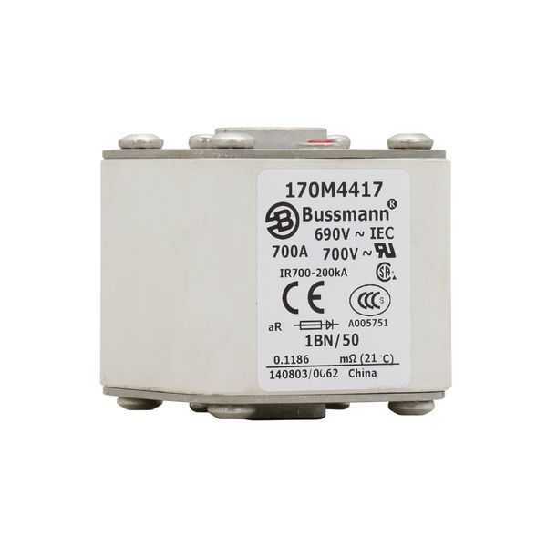 Fuse-link, high speed, 700 A, AC 690 V, size 1, 53 x 69 x 51 mm, aR, IEC, UL, single indicator, flush end, M8 image 8