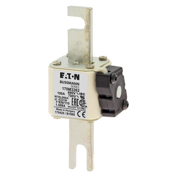 Fuse-link, high speed, 100 A, AC 690 V, compact DIN 1, 45 x 58 x 134 mm, aR, DIN, IEC, type K indicator, 110 mm centres image 4