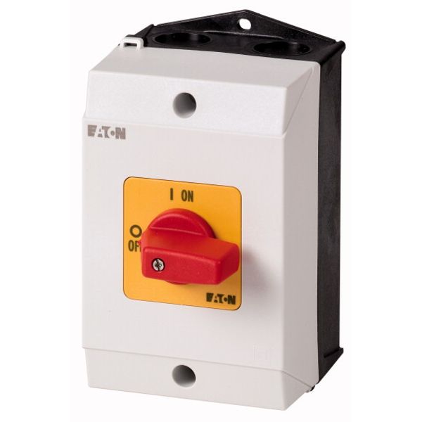 On-Off switch, T0, 20 A, surface mounting, 2 contact unit(s), 3 pole, Emergency switching off function, with red thumb grip and yellow front plate image 1