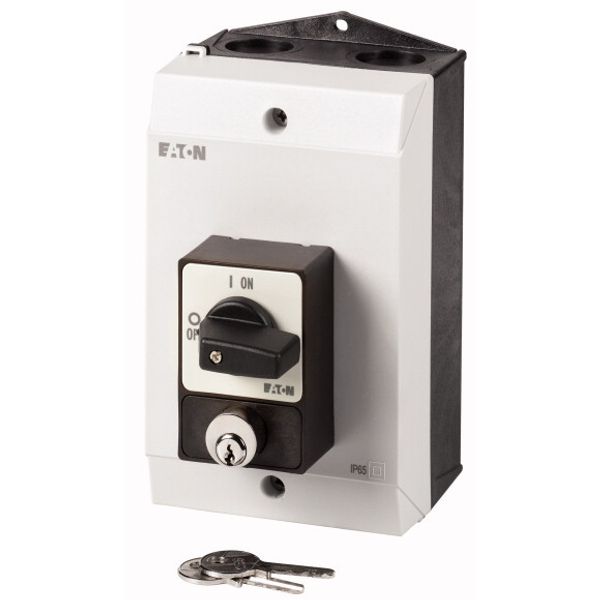 ON-OFF switches, P1, 32 A, surface mounting, 3 pole, with black thumb grip and front plate, Cylinder lock SVA image 1