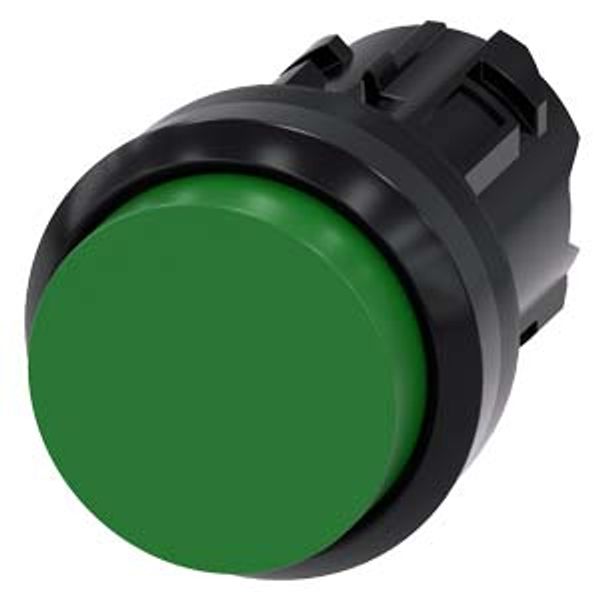 Pushbutton, 22 mm, round, plastic, green, pushbutton, raised, momentary contact type, with laser labeling, upper case image 1