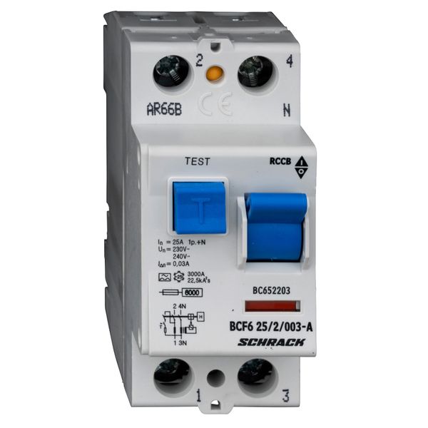 Residual current circuit breaker 25A, 2-p, 30mA,type A,6kA image 1