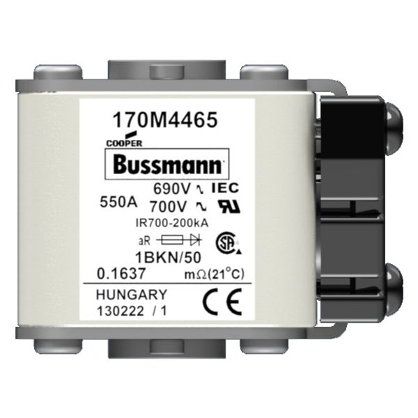 Fuse-link, high speed, 550 A, AC 690 V, size 1, 53 x 69 x 51 mm, aR, IEC, UL, type K indicator, flush end, M8 image 1