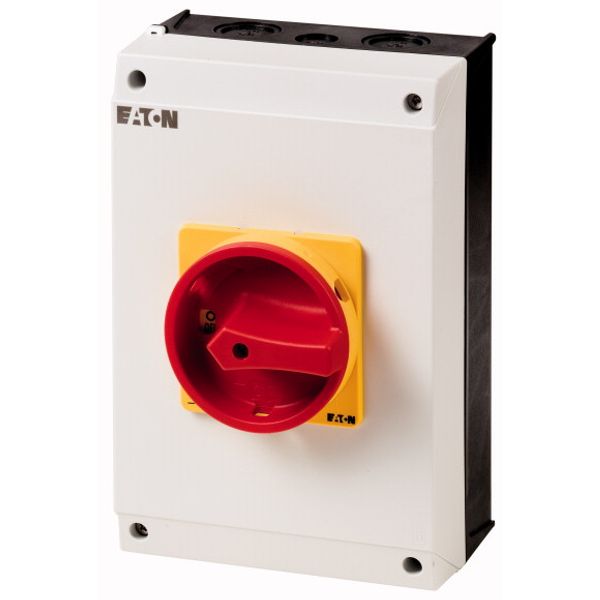 Main switch, T5B, 63 A, surface mounting, 1 contact unit(s), 1 pole, Emergency switching off function, With red rotary handle and yellow locking ring, image 1