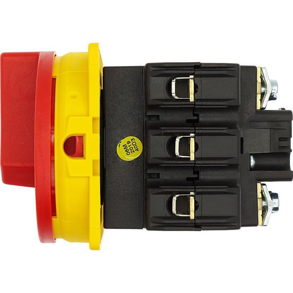 Main switch, P3, 100 A, flush mounting, 3 pole, Emergency switching off function, With red rotary handle and yellow locking ring, Lockable in the 0 (O image 32