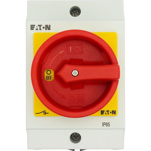Main switch, T0, 20 A, surface mounting, 4 contact unit(s), 6 pole, 2 N/O, Emergency switching off function, With red rotary handle and yellow locking image 50