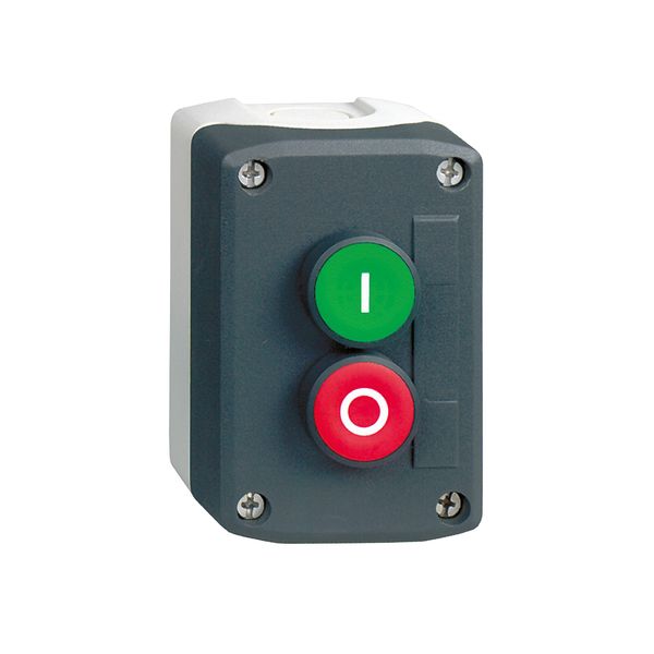 Harmony XALD, XALK, Control station, plastic, dark grey lid, 2 flush push buttons Ø22, marked I O, 1 NO + 1 NC image 1