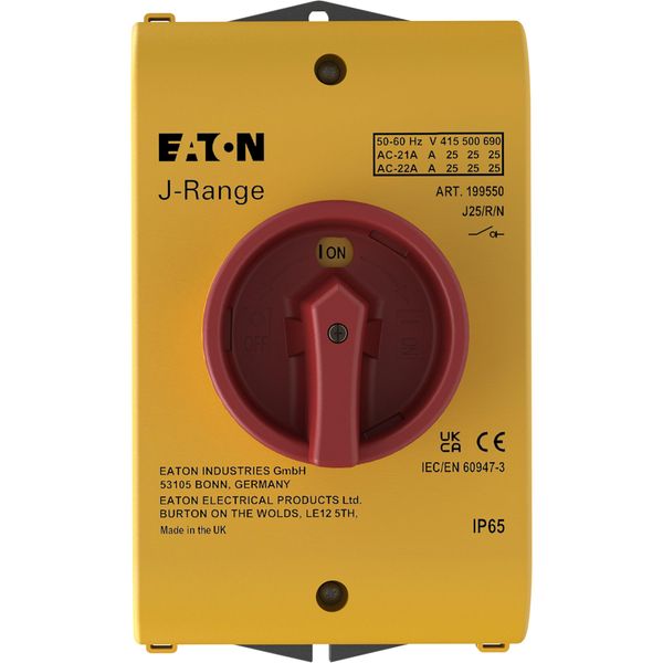Main switch, 25 A, surface mounting, 3 pole + N, Emergency switching off function, With red rotary handle and yellow locking ring, Lockable in the 0 ( image 9