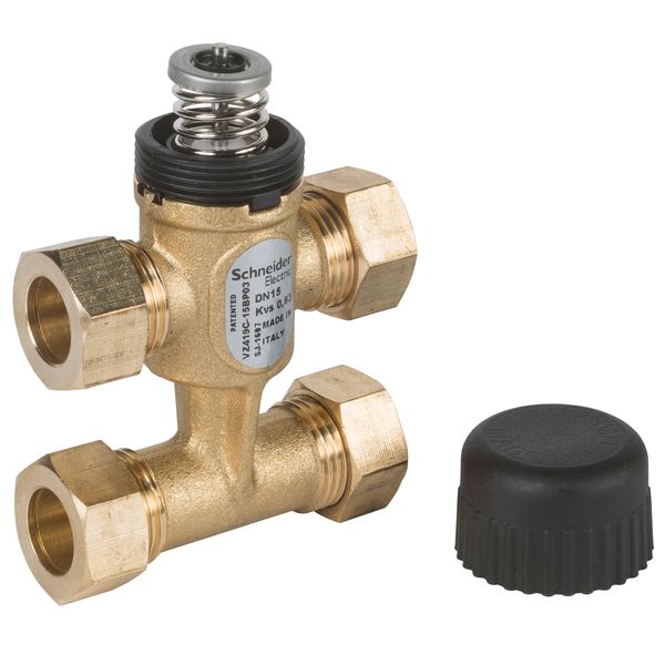 VZ419C Zone Valve, 3-Way with Bypass, PN16, DN15, 15mm O/D Compression, Kvs 0.6 m³/h, M30 Actuator Connection, 5.5 mm Stroke, Stem Up Closed image 1