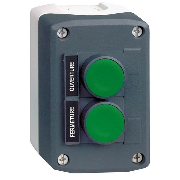 Complete control station, Harmony XALD, dark grey green flush/Red flush pushbuttons Ø22 mm spring return image 1