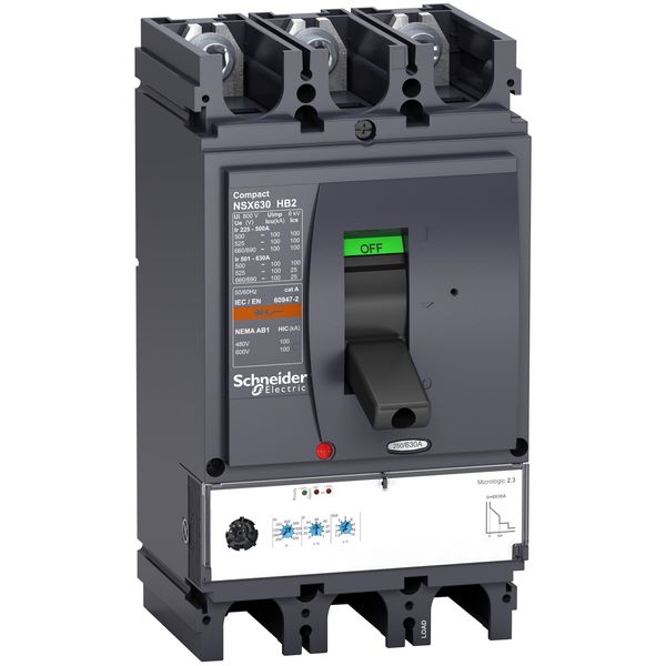 circuit breaker ComPact NSX630HB2, 100 kA at 690 VAC, MicroLogic 2.3 trip unit 630 A, 3 poles 3d image 2