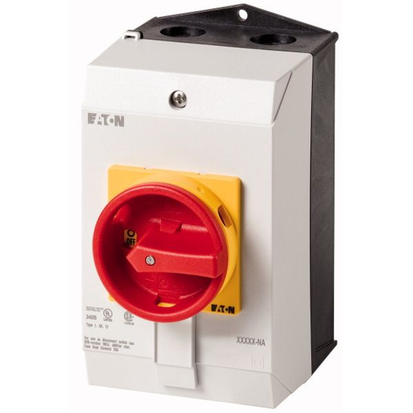 Main switch, P1, 25 A, surface mounting, 3 pole, Emergency switching off function, With red rotary handle and yellow locking ring, UL/CSA image 1