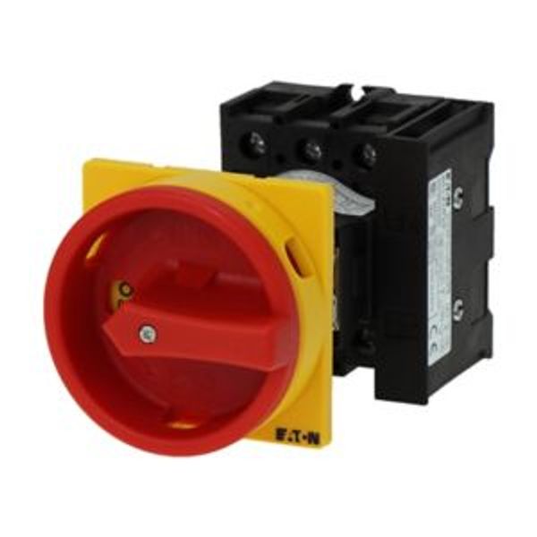 Main switch, P1, 40 A, rear mounting, 3 pole, 1 N/O, 1 N/C, Emergency switching off function, With red rotary handle and yellow locking ring, Lockable image 2