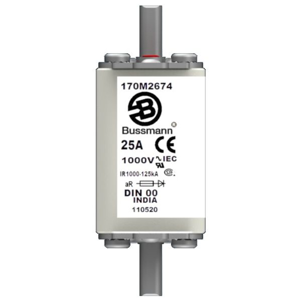 Fuse-link, high speed, 25 A, AC 1000 V, DIN 00, aR, DIN, IEC, single indicator, live gripping lugs image 2