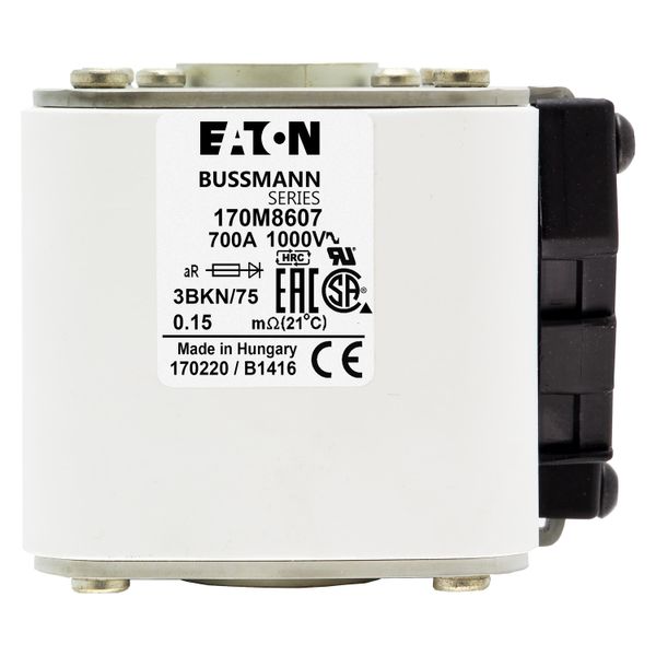 Fuse-link, high speed, 700 A, AC 1000 V, size 3, 74 x 92 x 76 mm, aR, IEC, UL, single indicator image 18