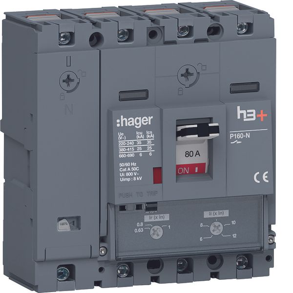Moulded Case Circuit Breaker h3+ P160 TM ADJ 4P4D N0-100% 80A 25kA CTC image 1
