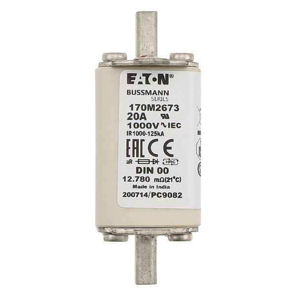 Fuse-link, high speed, 20 A, AC 1000 V, DIN 00, aR, DIN, IEC, single indicator, live gripping lugs image 8