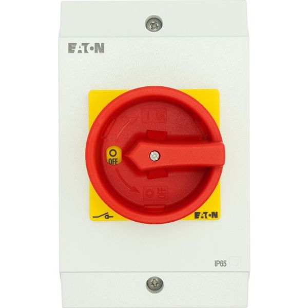 Main switch, T3, 32 A, surface mounting, 2 contact unit(s), 3 pole, Emergency switching off function, With red rotary handle and yellow locking ring image 4