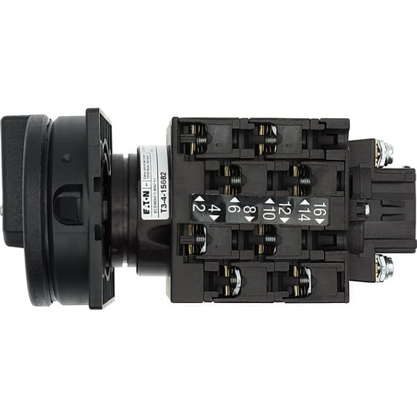 Main switch, T3, 32 A, flush mounting, 4 contact unit(s), 6 pole, 1 N/O, 1 N/C, STOP function, With black rotary handle and locking ring, Lockable in image 3
