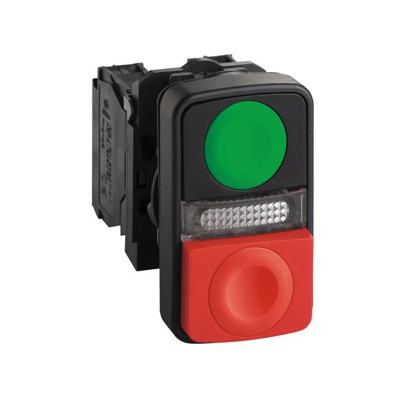 Harmony XB5, Illuminated double-headed push button, plastic, Ø22, 1 green flush I + 1 pilot light + 1 red projecting O, 240 V AC/DC, 1 NO + 1 NC image 1