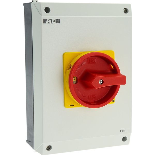 Main switch, P3, 63 A, surface mounting, 3 pole + N, Emergency switching off function, With red rotary handle and yellow locking ring, Lockable in the image 58