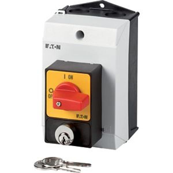Panic switches, T0, 20 A, surface mounting, 3 pole, with red thumb grip and yellow front plate, Cylinder lock SVA image 2