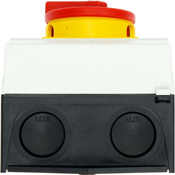Main switch, P1, 32 A, surface mounting, 3 pole, 1 N/O, 1 N/C, Emergency switching off function, With red rotary handle and yellow locking ring, Locka image 57