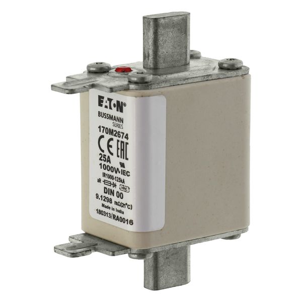 Fuse-link, high speed, 25 A, AC 1000 V, DIN 00, aR, DIN, IEC, single indicator, live gripping lugs image 6