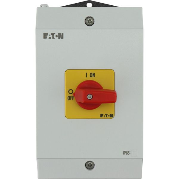 On-Off switch, P1, 40 A, surface mounting, 3 pole + N, Emergency switching off function, with red thumb grip and yellow front plate, hard knockout ver image 1