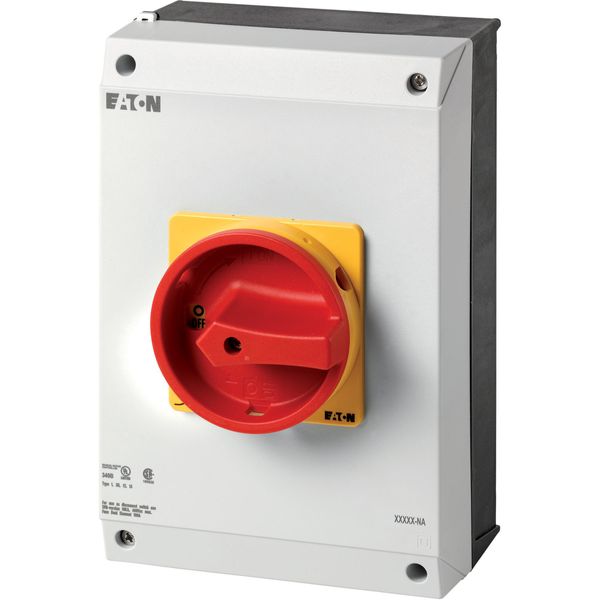 Main switch, P3, 63 A, surface mounting, 3 pole, 1 N/O, 1 N/C, Emergency switching off function, With red rotary handle and yellow locking ring, UL/CS image 2