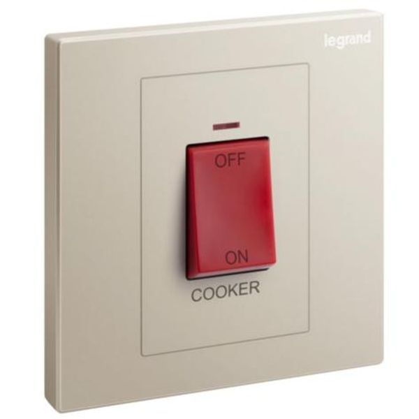 Galion 1 gang double pole 45A switch with COOKER marking, red indicator and red rocker - champagne image 1