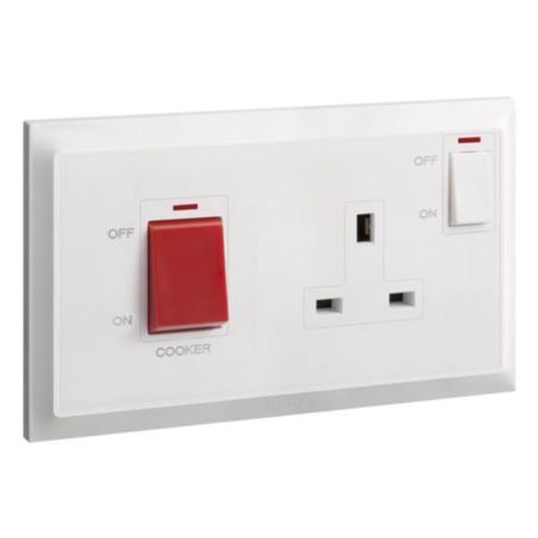 Belanko S - 2 gang double pole switch - 45A + BS switched socket outlet neon with cooker marking - 13A - White image 1