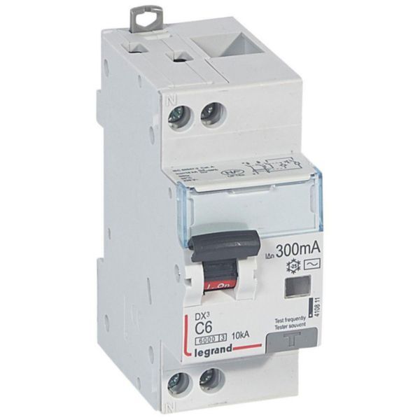 Monoblock differential circuit breaker DX³6000 10kA high inlet and low outlet U+N screw 230V~ - 6A - typeAC 300mA image 1