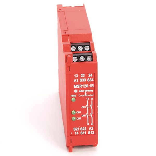 Safety Relay,MSR126R,230VAC,Manual Monitored,Fixed,22.5MM Housing Width,Infinite,One 2 N.C. Input,One LC Input,2 Safety Output,CAT 4 Rated image 1