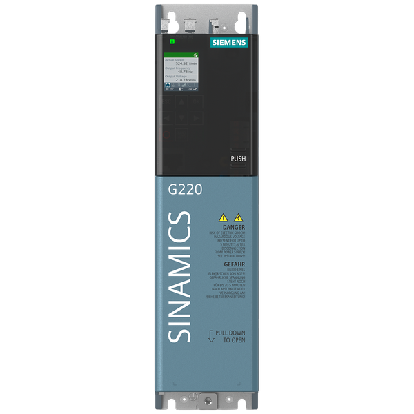 SINAMICS G220 380-500 V 3AC + 10/-20% 47-63 Hz power low overload: 1.5 kW 150% 3 s, 110% 57 s power high overload: 1.1 kW 200% 3 s, 150% 57 s 250x 73x 209 (HxWxD) image 1