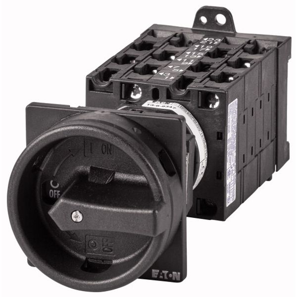 Main switch, T3, 32 A, rear mounting, 6 contact unit(s), 9-pole, 2 N/O, 1 N/C, STOP function, With black rotary handle and locking ring image 1