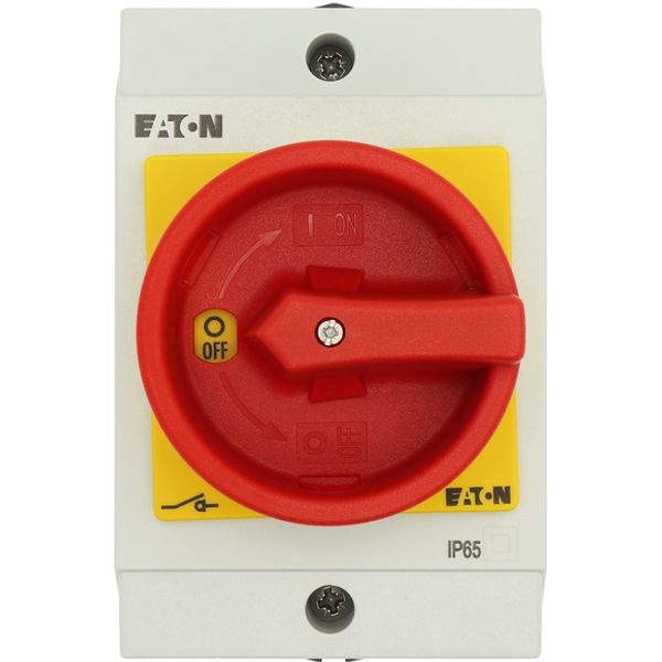 Main switch, T0, 20 A, surface mounting, 1 contact unit(s), 1 pole, Emergency switching off function, With red rotary handle and yellow locking ring, image 3