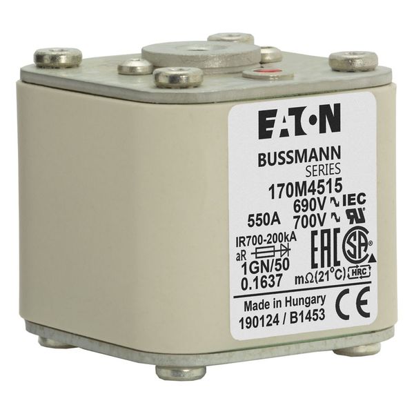 Fuse-link, high speed, 550 A, AC 690 V, size 1, 53 x 69 x 51 mm, aR, IEC, UL, single indicator, flush end, 18 UNC image 17