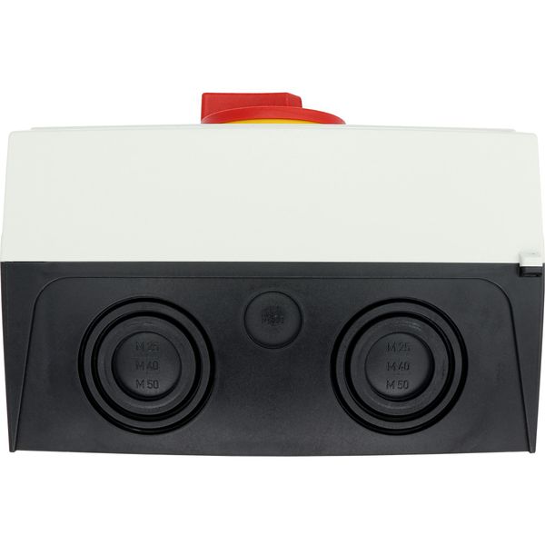 Main switch, P3, 100 A, surface mounting, 3 pole, 1 N/O, 1 N/C, Emergency switching off function, With red rotary handle and yellow locking ring, Lock image 62