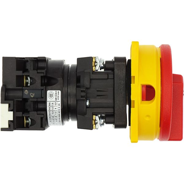 Main switch, T0, 20 A, rear mounting, 1 contact unit(s), 2 pole, Emergency switching off function, With red rotary handle and yellow locking ring, Loc image 17