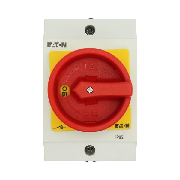 Main switch, T0, 20 A, surface mounting, 2 contact unit(s), 4 pole, Emergency switching off function, With red rotary handle and yellow locking ring image 44