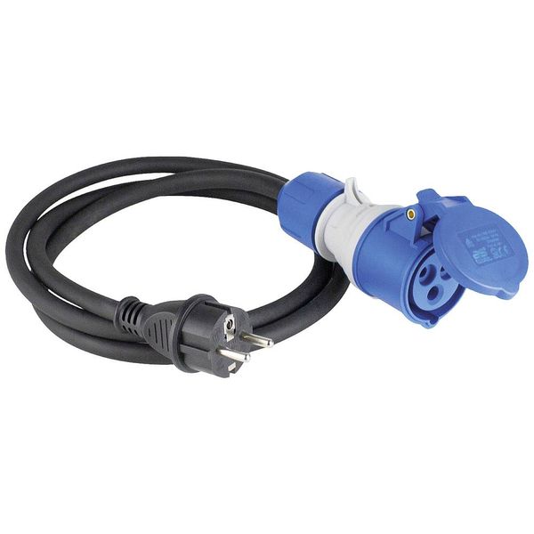 Adapter cable 1.5m, black
1.5m heavy rubber hose cable H07RN-F 3G2.5 
1st side: protective contact plug
2nd page: CEE coupling "powerlight" 230V/16A/3-pole with hinged cover, blue with phase display image 1