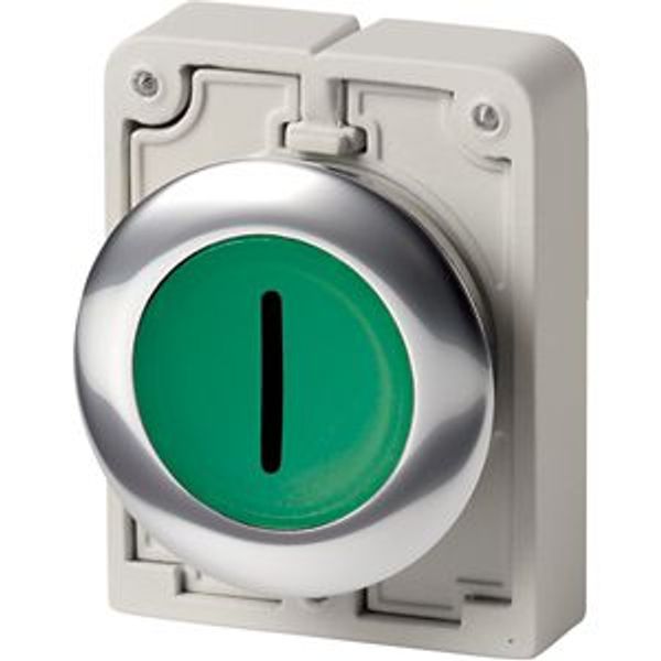 Illuminated pushbutton actuator, RMQ-Titan, Flat, momentary, green, inscribed 1, Metal bezel image 2