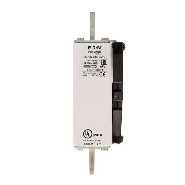 Fuse-link, high speed, 50 A, DC 1500 V, 01XL, 43 x 193 mm, gPV, IEC, UL, with indicator, bolted image 13