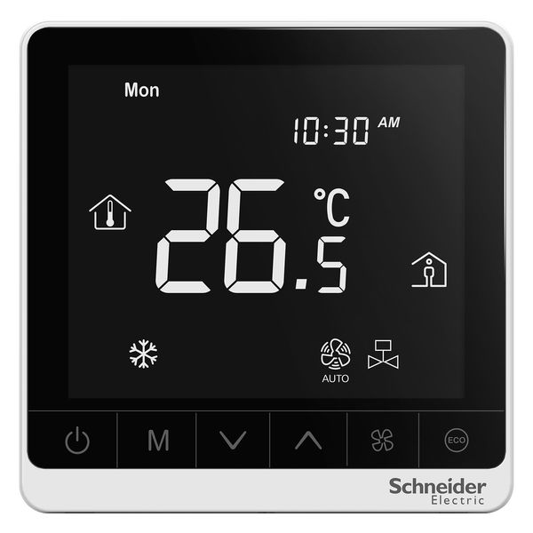 SpaceLogic thermostat, fan coil proportional, networking, touchscreen, 4P, 3 fan, modbus, external sensor, 24V, white image 1