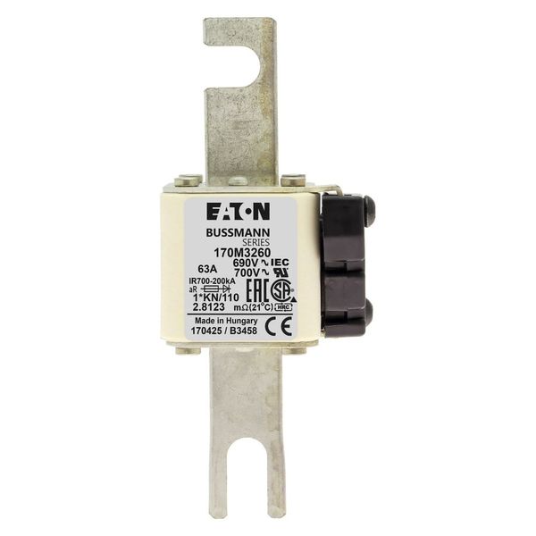 Fuse-link, high speed, 63 A, AC 690 V, compact DIN 1, 45 x 58 x 134 mm, aR, DIN, IEC, type K indicator, 110 mm centres image 14