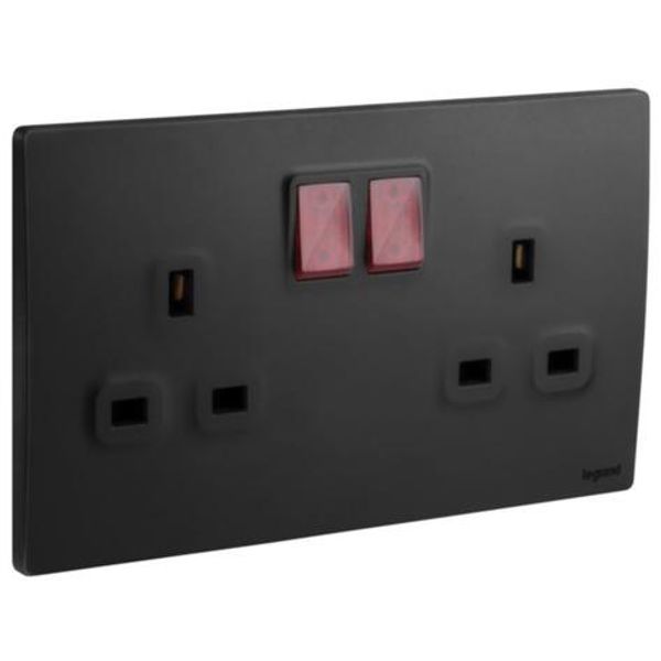 Mallia Senses - 2 gang BS switched socket outlet single pole - with LED - 13A - Matt Black image 1