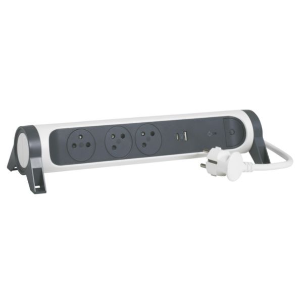 Power strip extension with rotating block of 3 2P+E Surface sockets, switch, surge protector, USB Type-A + Type-C - white and dark gray image 1