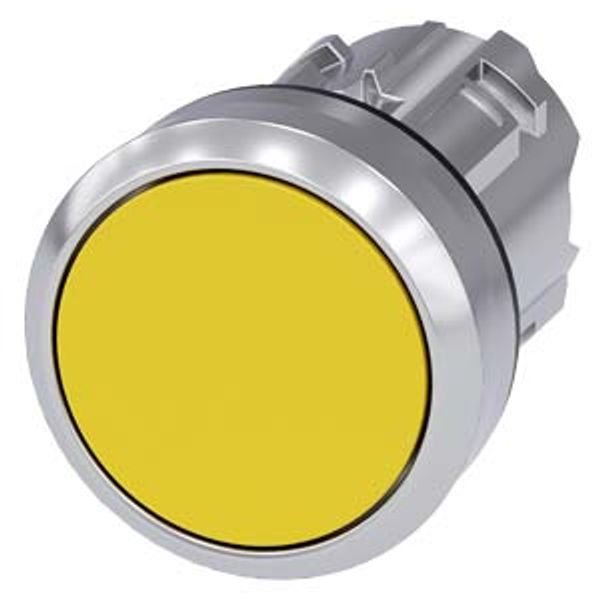 Pushbutton, 22 mm, round, metal, shiny, yellow, pushbutton, flat, latching, Push-to-release mechanism, with laser labeling, inscription or symbol Customer-specific selection with SIRIUS ACT image 1