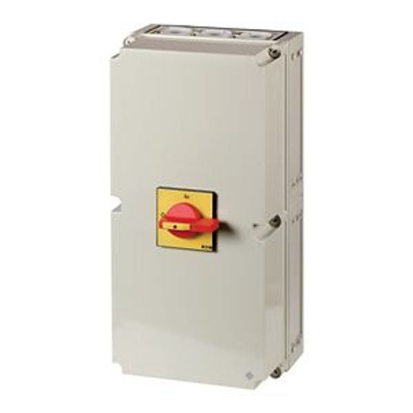 Main switch, T8, 315 A, surface mounting, 3 contact unit(s), 6 pole, 1 N/O, 1 N/C, Emergency switching off function, With red rotary handle and yellow image 4